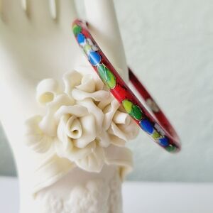 Vintage Glass Bangle Cuff Bracelet Hand Painted Green Red Blue Flowers Jewelry